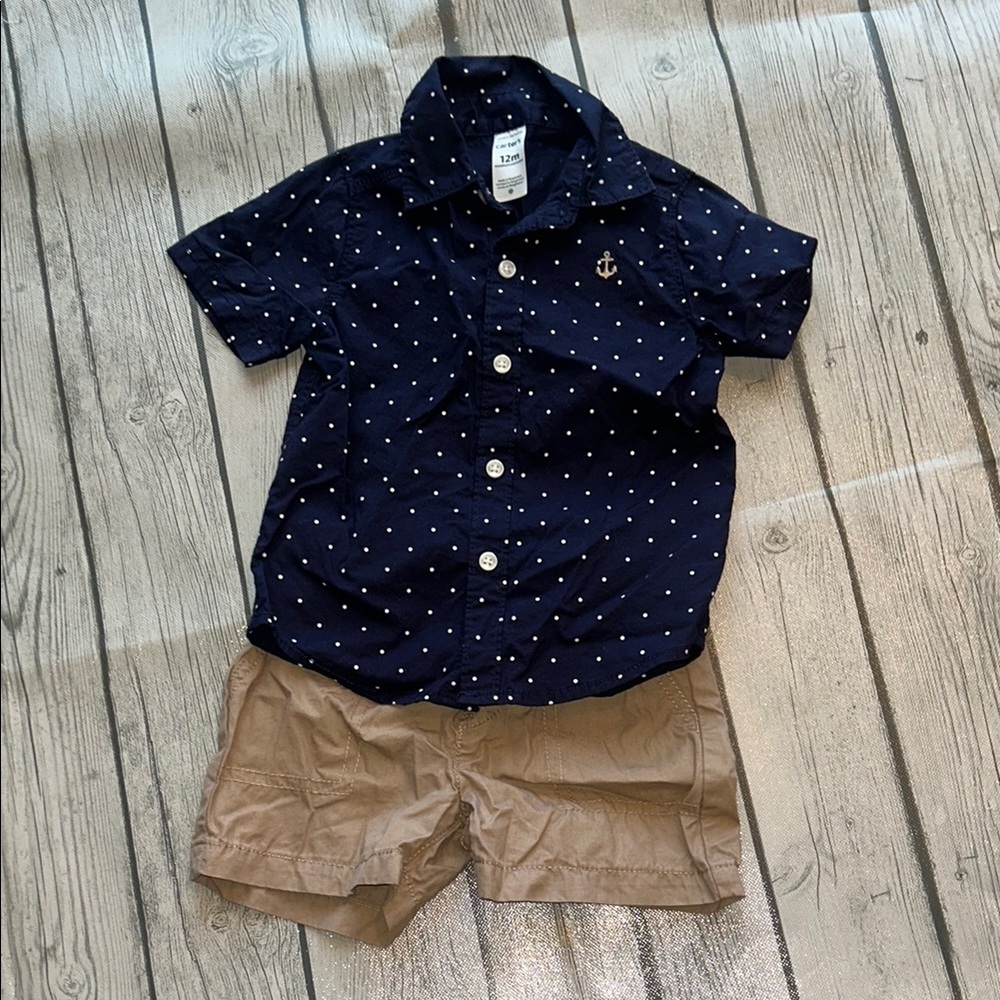 Carter’s 12mo Navy Polka Dot Shirt and Tan Shorts Set